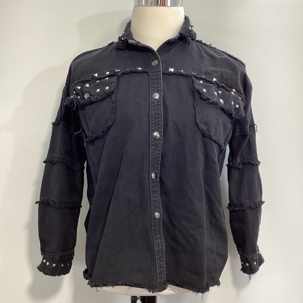 Charisma Black Wash Fray Grunge Steampunk Studded Jean Jacket Size S/M